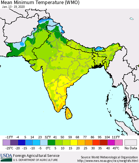Southern Asia Minimum Temperature (WMO) Thematic Map For 1/13/2020 - 1/19/2020