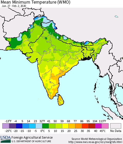 Southern Asia Minimum Temperature (WMO) Thematic Map For 1/27/2020 - 2/2/2020