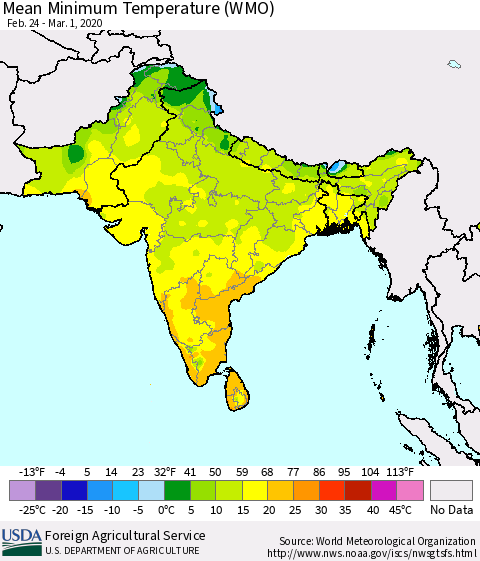 Southern Asia Minimum Temperature (WMO) Thematic Map For 2/24/2020 - 3/1/2020
