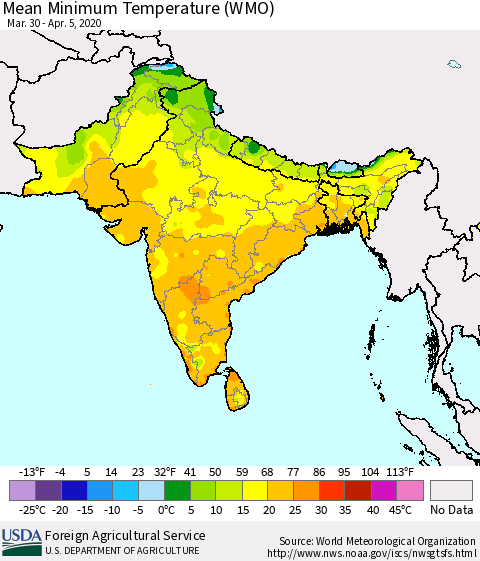 Southern Asia Minimum Temperature (WMO) Thematic Map For 3/30/2020 - 4/5/2020