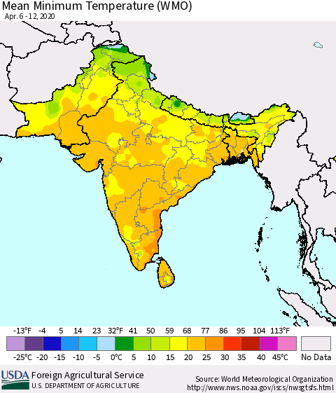 Southern Asia Minimum Temperature (WMO) Thematic Map For 4/6/2020 - 4/12/2020