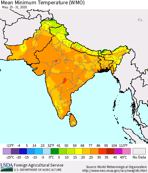 Southern Asia Minimum Temperature (WMO) Thematic Map For 5/25/2020 - 5/31/2020