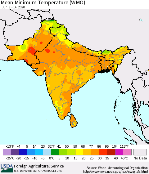 Southern Asia Minimum Temperature (WMO) Thematic Map For 6/8/2020 - 6/14/2020