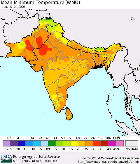 Southern Asia Minimum Temperature (WMO) Thematic Map For 6/15/2020 - 6/21/2020