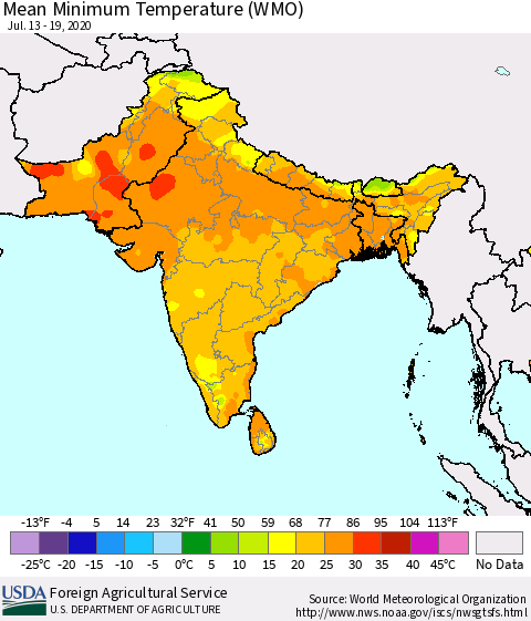 Southern Asia Minimum Temperature (WMO) Thematic Map For 7/13/2020 - 7/19/2020
