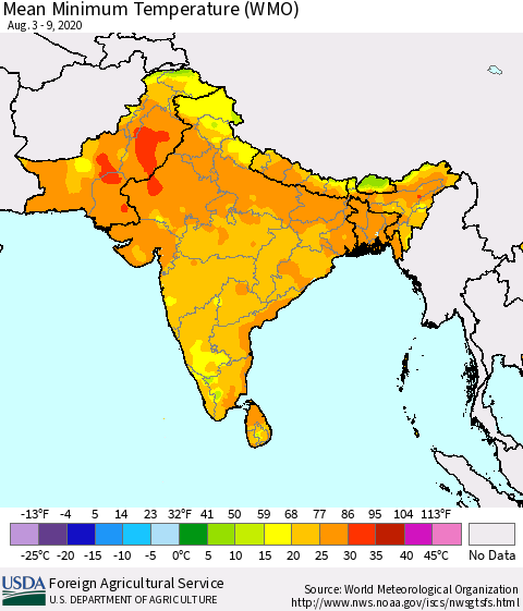 Southern Asia Minimum Temperature (WMO) Thematic Map For 8/3/2020 - 8/9/2020