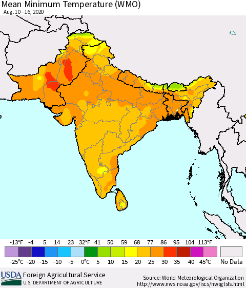 Southern Asia Minimum Temperature (WMO) Thematic Map For 8/10/2020 - 8/16/2020