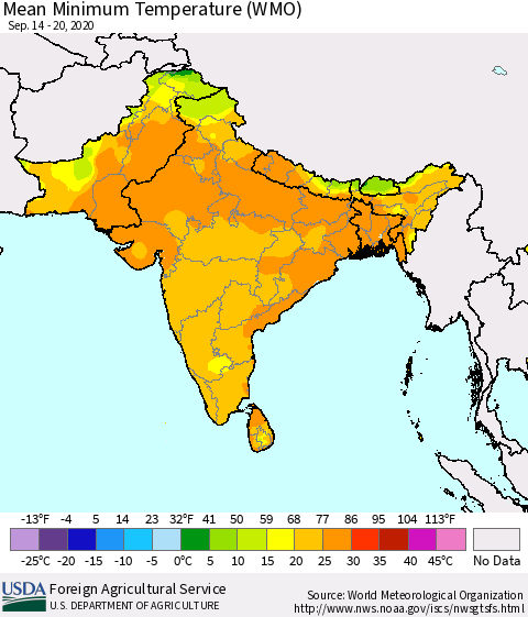 Southern Asia Minimum Temperature (WMO) Thematic Map For 9/14/2020 - 9/20/2020