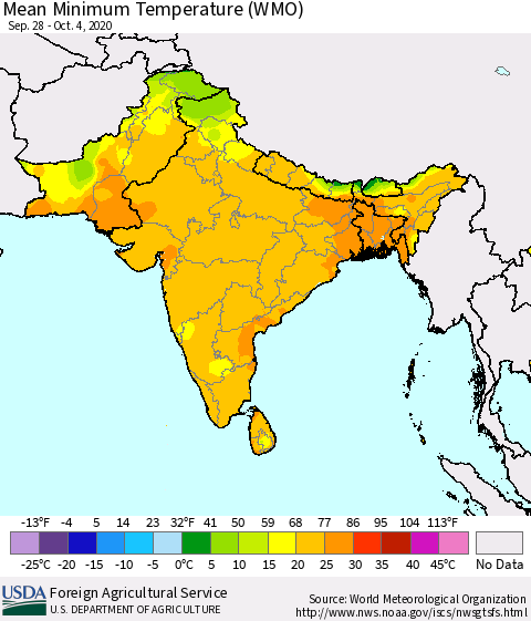 Southern Asia Minimum Temperature (WMO) Thematic Map For 9/28/2020 - 10/4/2020
