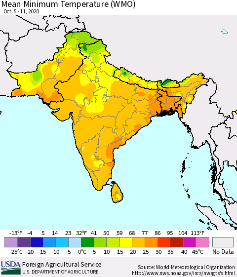 Southern Asia Minimum Temperature (WMO) Thematic Map For 10/5/2020 - 10/11/2020