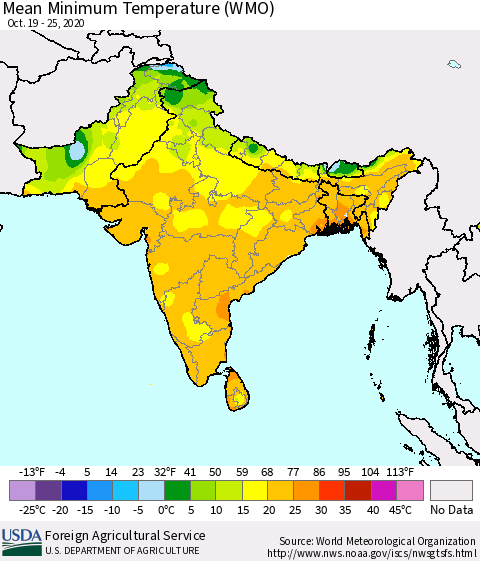 Southern Asia Minimum Temperature (WMO) Thematic Map For 10/19/2020 - 10/25/2020