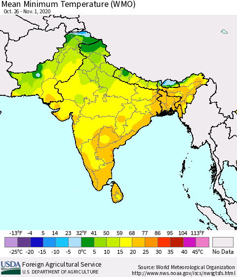 Southern Asia Minimum Temperature (WMO) Thematic Map For 10/26/2020 - 11/1/2020