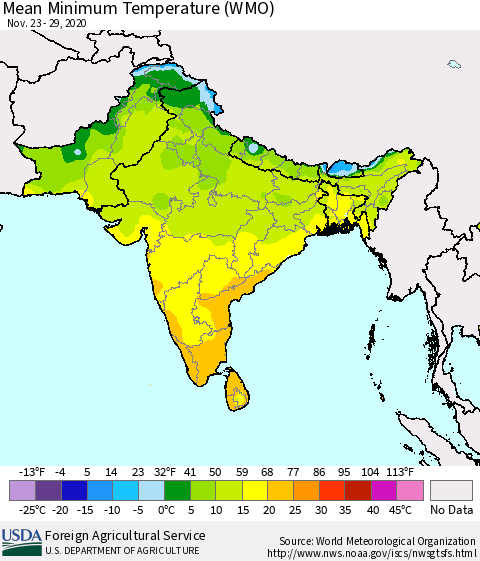 Southern Asia Minimum Temperature (WMO) Thematic Map For 11/23/2020 - 11/29/2020