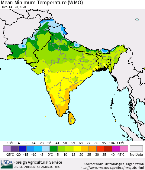 Southern Asia Minimum Temperature (WMO) Thematic Map For 12/14/2020 - 12/20/2020