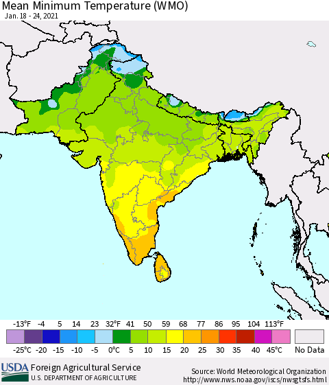 Southern Asia Minimum Temperature (WMO) Thematic Map For 1/18/2021 - 1/24/2021