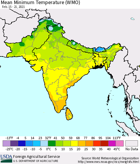 Southern Asia Minimum Temperature (WMO) Thematic Map For 2/15/2021 - 2/21/2021
