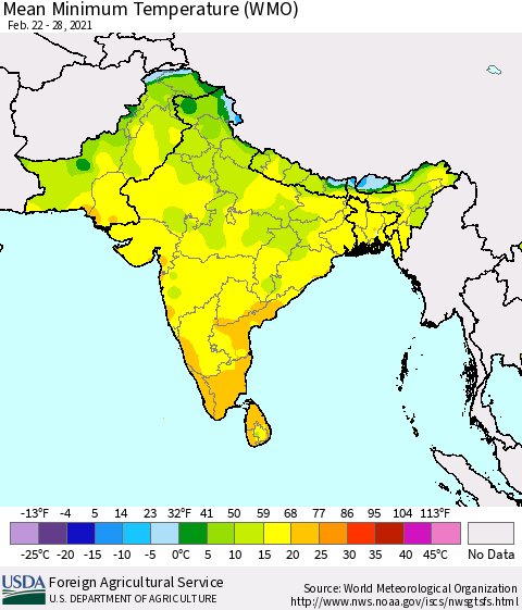 Southern Asia Minimum Temperature (WMO) Thematic Map For 2/22/2021 - 2/28/2021
