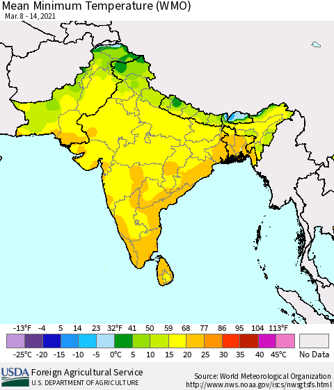 Southern Asia Minimum Temperature (WMO) Thematic Map For 3/8/2021 - 3/14/2021
