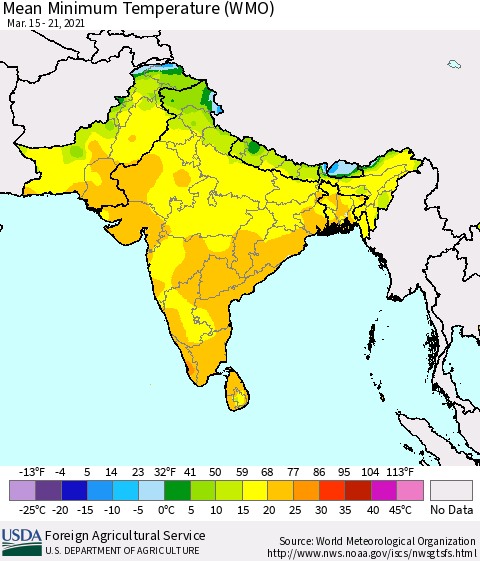 Southern Asia Minimum Temperature (WMO) Thematic Map For 3/15/2021 - 3/21/2021