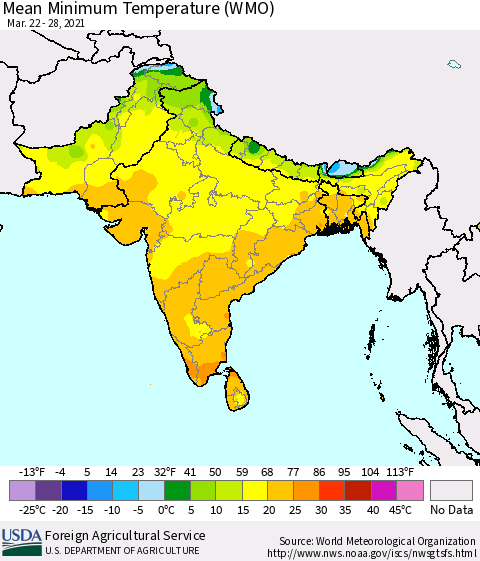Southern Asia Minimum Temperature (WMO) Thematic Map For 3/22/2021 - 3/28/2021