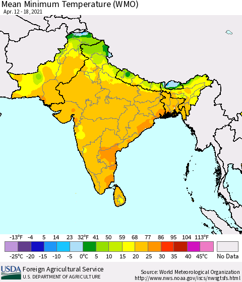 Southern Asia Minimum Temperature (WMO) Thematic Map For 4/12/2021 - 4/18/2021