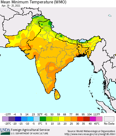 Southern Asia Minimum Temperature (WMO) Thematic Map For 4/19/2021 - 4/25/2021