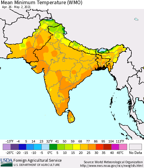 Southern Asia Minimum Temperature (WMO) Thematic Map For 4/26/2021 - 5/2/2021