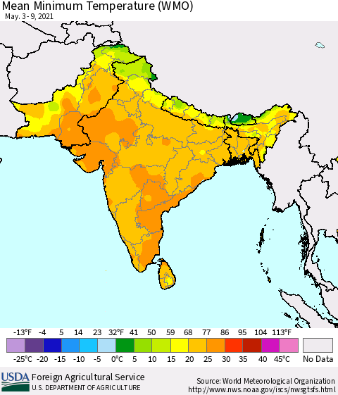 Southern Asia Minimum Temperature (WMO) Thematic Map For 5/3/2021 - 5/9/2021