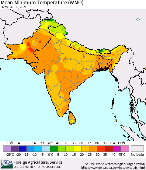 Southern Asia Minimum Temperature (WMO) Thematic Map For 5/24/2021 - 5/30/2021