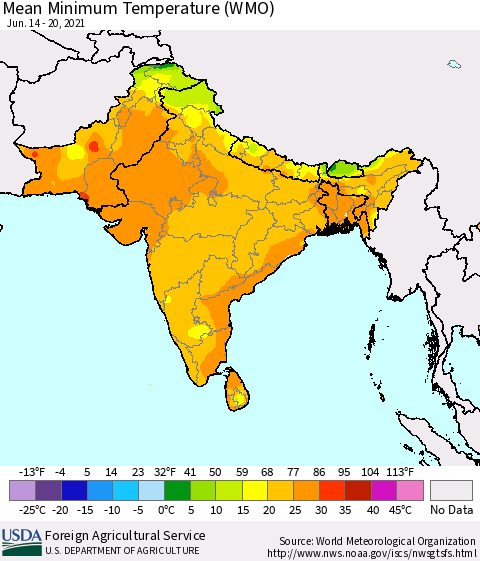 Southern Asia Minimum Temperature (WMO) Thematic Map For 6/14/2021 - 6/20/2021