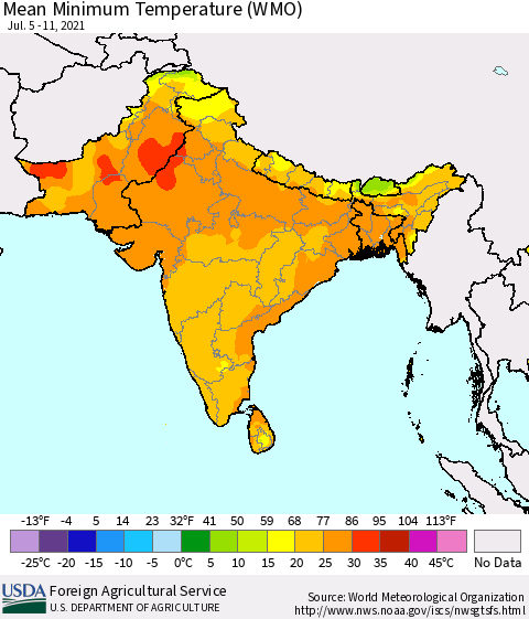 Southern Asia Minimum Temperature (WMO) Thematic Map For 7/5/2021 - 7/11/2021