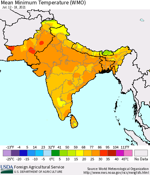 Southern Asia Minimum Temperature (WMO) Thematic Map For 7/12/2021 - 7/18/2021