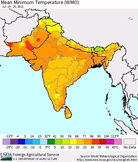 Southern Asia Minimum Temperature (WMO) Thematic Map For 7/19/2021 - 7/25/2021