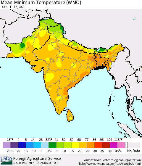 Southern Asia Minimum Temperature (WMO) Thematic Map For 10/11/2021 - 10/17/2021