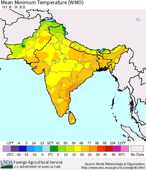 Southern Asia Minimum Temperature (WMO) Thematic Map For 10/18/2021 - 10/24/2021