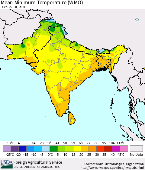 Southern Asia Minimum Temperature (WMO) Thematic Map For 10/25/2021 - 10/31/2021