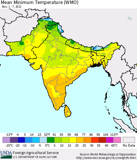 Southern Asia Minimum Temperature (WMO) Thematic Map For 11/1/2021 - 11/7/2021