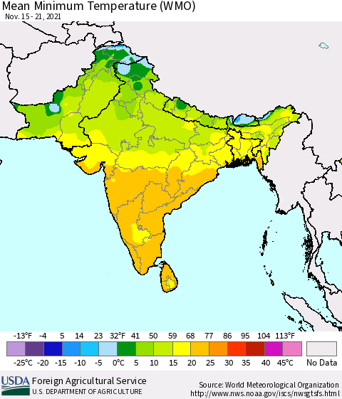 Southern Asia Minimum Temperature (WMO) Thematic Map For 11/15/2021 - 11/21/2021