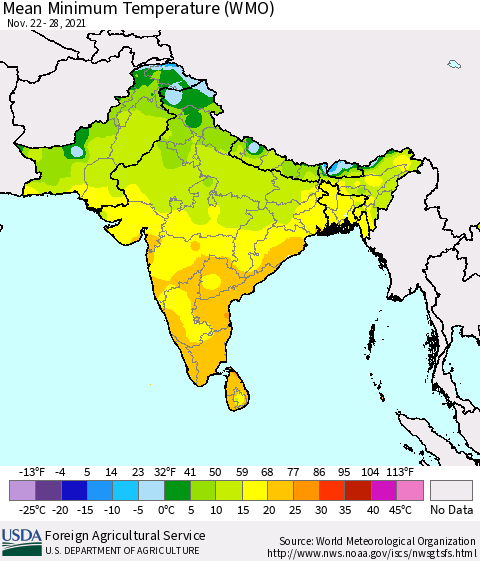 Southern Asia Minimum Temperature (WMO) Thematic Map For 11/22/2021 - 11/28/2021
