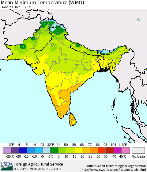 Southern Asia Minimum Temperature (WMO) Thematic Map For 11/29/2021 - 12/5/2021
