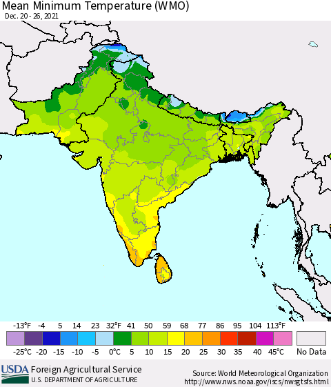Southern Asia Minimum Temperature (WMO) Thematic Map For 12/20/2021 - 12/26/2021