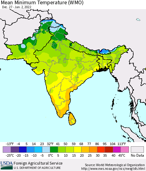 Southern Asia Minimum Temperature (WMO) Thematic Map For 12/27/2021 - 1/2/2022