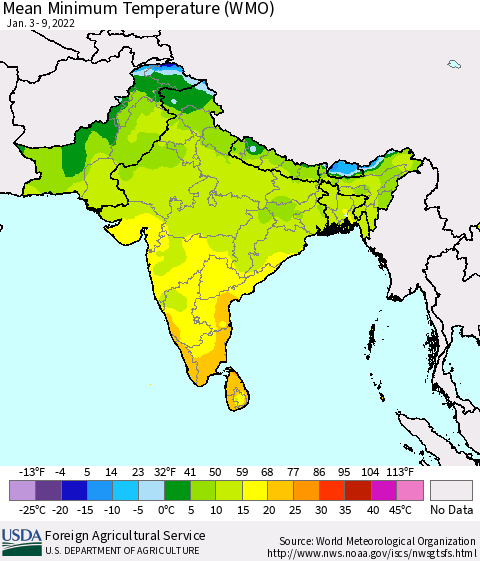 Southern Asia Minimum Temperature (WMO) Thematic Map For 1/3/2022 - 1/9/2022
