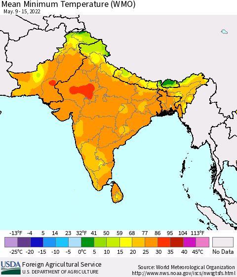 Southern Asia Minimum Temperature (WMO) Thematic Map For 5/9/2022 - 5/15/2022