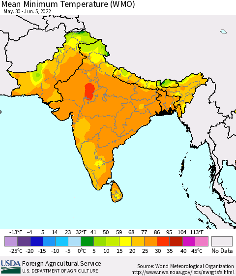 Southern Asia Minimum Temperature (WMO) Thematic Map For 5/30/2022 - 6/5/2022