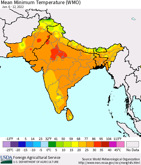 Southern Asia Minimum Temperature (WMO) Thematic Map For 6/6/2022 - 6/12/2022