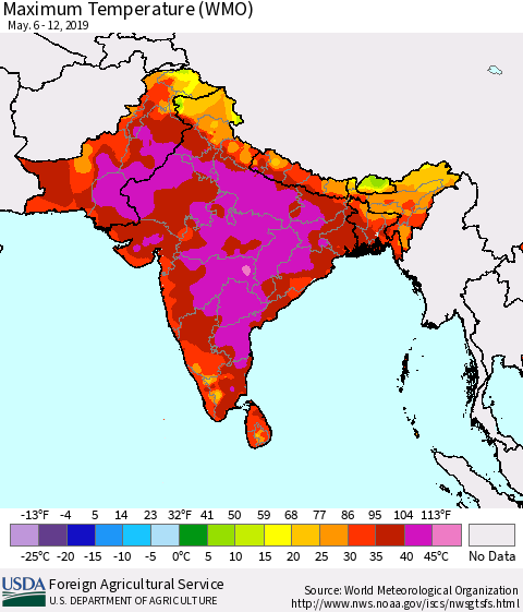Southern Asia Maximum Temperature (WMO) Thematic Map For 5/6/2019 - 5/12/2019