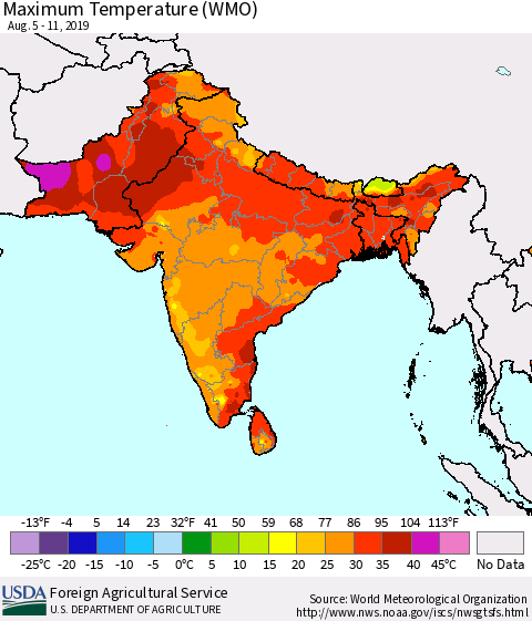 Southern Asia Maximum Temperature (WMO) Thematic Map For 8/5/2019 - 8/11/2019