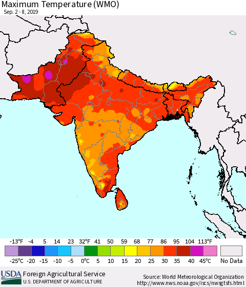 Southern Asia Maximum Temperature (WMO) Thematic Map For 9/2/2019 - 9/8/2019