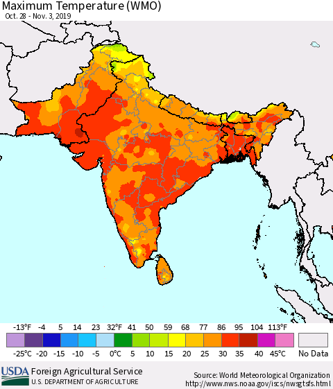 Southern Asia Maximum Temperature (WMO) Thematic Map For 10/28/2019 - 11/3/2019